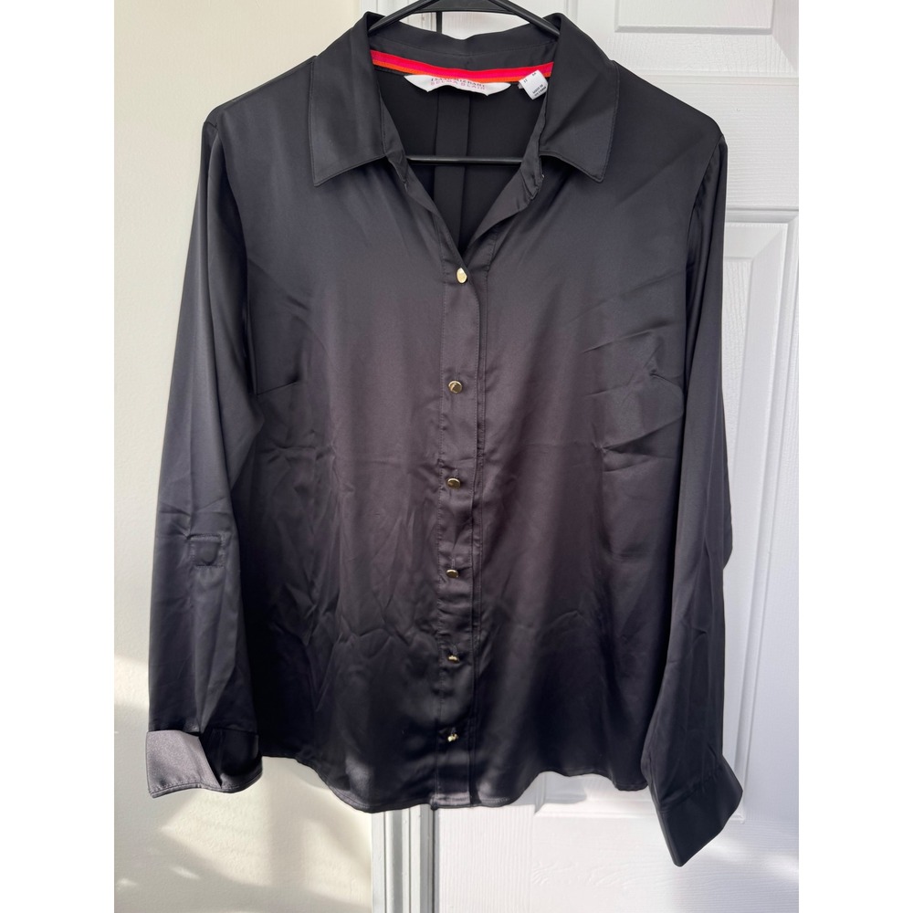 Isaac Mizrahi Selma Blair Black Satin Button Down Blouse Gold Buttons Size S